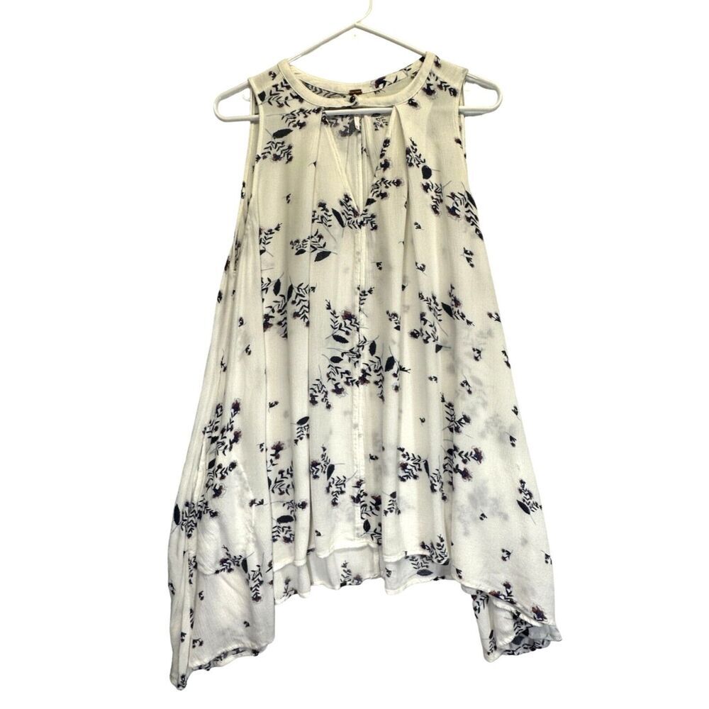 Free People Tree Swing Tank Top Boho White Blue Floral Oversized Cut Out Keyhole